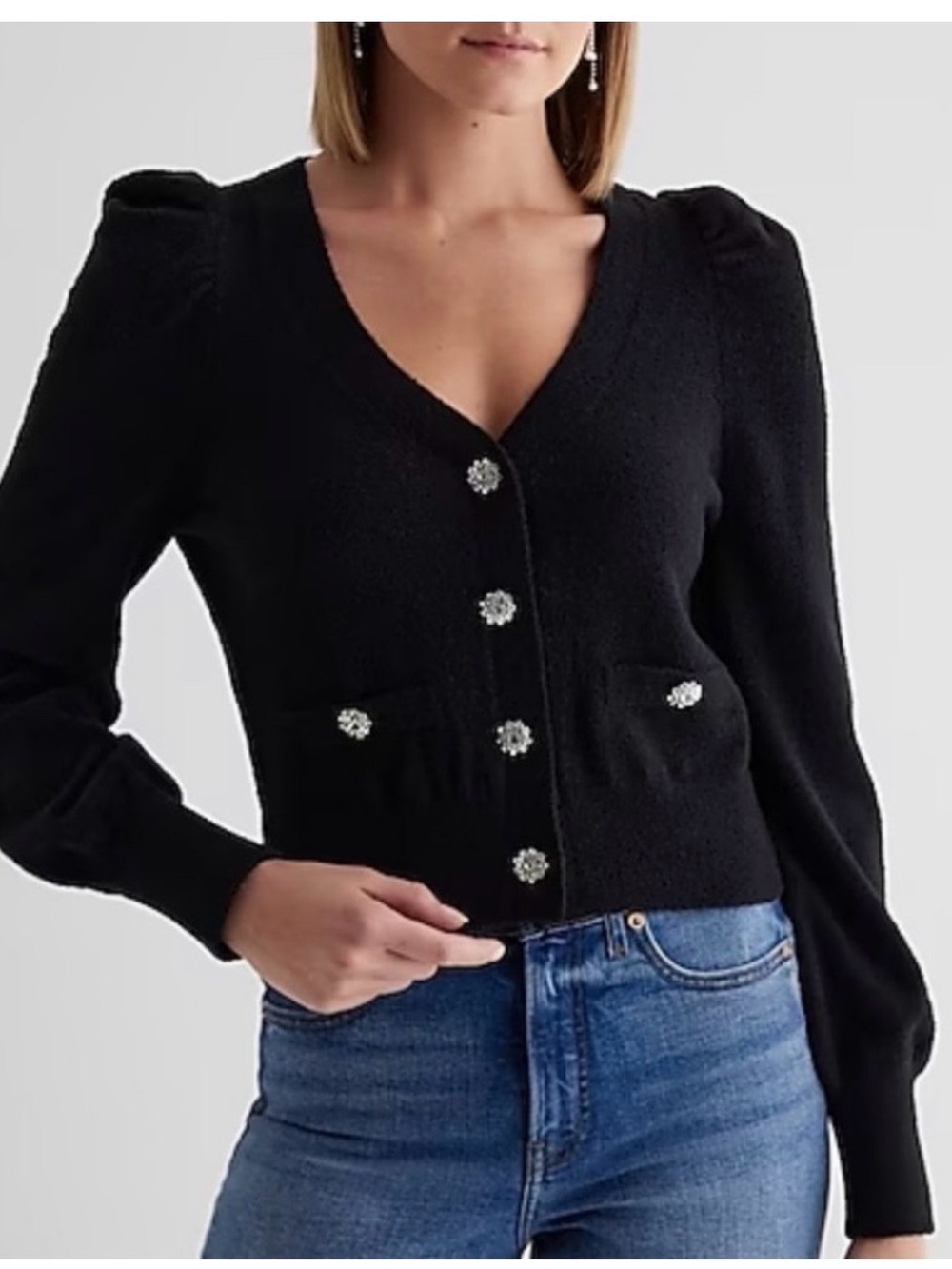 Express Black V-Neck Puff-Sleeve Cardigan with Rhinestone Buttons